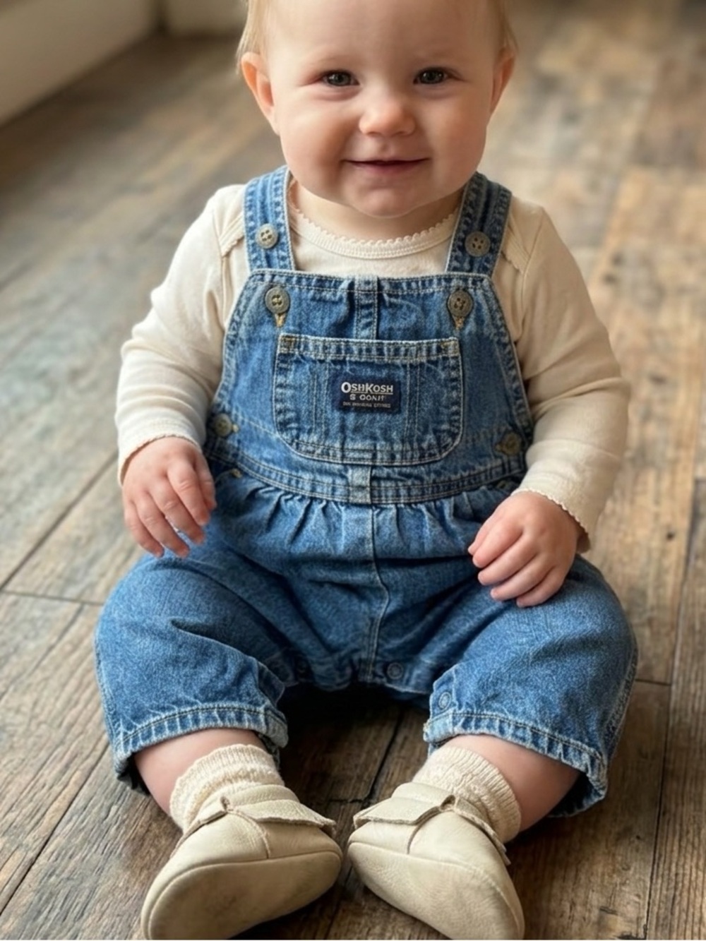 12M Vintage 90s OshKosh Bgosh Vestbak Blue Denim Snap Leg Baby Girl Overalls